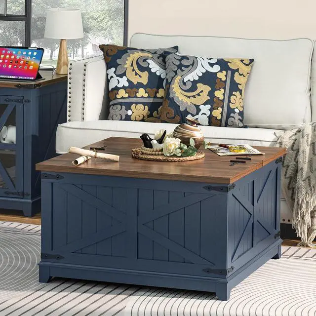 Main image of Farmhouse Coffee Table with Hidden Storage Organizer, Modern Square Large Center Table, Wood Farm House Low Navy Blue Living Room Tables with Hinged Lift Top for Home, Office