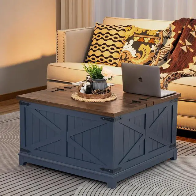 Alt view image 4 of 7 - Farmhouse Coffee Table with Hidden Storage Organizer, Modern Square Large Center Table, Wood Farm House Low Navy Blue Living Room Tables with Hinged Lift Top for Home, Office
