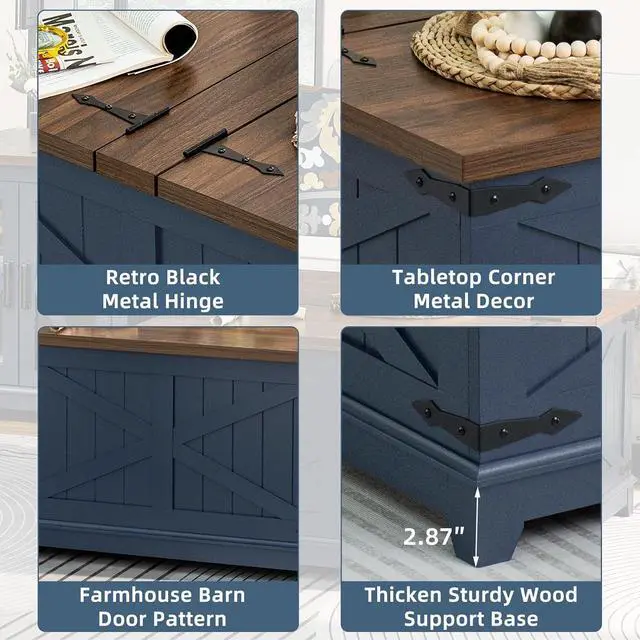 Alt view image 6 of 7 - Farmhouse Coffee Table with Hidden Storage Organizer, Modern Square Large Center Table, Wood Farm House Low Navy Blue Living Room Tables with Hinged Lift Top for Home, Office