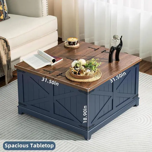 Alt view image 5 of 7 - Farmhouse Coffee Table with Hidden Storage Organizer, Modern Square Large Center Table, Wood Farm House Low Navy Blue Living Room Tables with Hinged Lift Top for Home, Office