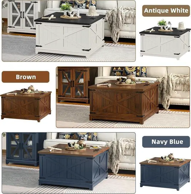 Alt view image 7 of 7 - Farmhouse Coffee Table with Hidden Storage Organizer, Modern Square Large Center Table, Wood Farm House Low Navy Blue Living Room Tables with Hinged Lift Top for Home, Office