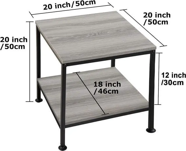Alt view image 3 of 7 - 20 Inch 2 Tiers Square End Table with Metal Frame, Rustic Grey Fridge Stand Side Table Sturdy Easy Assembly Simple Style for Living Room Bedroom, Slate Grey