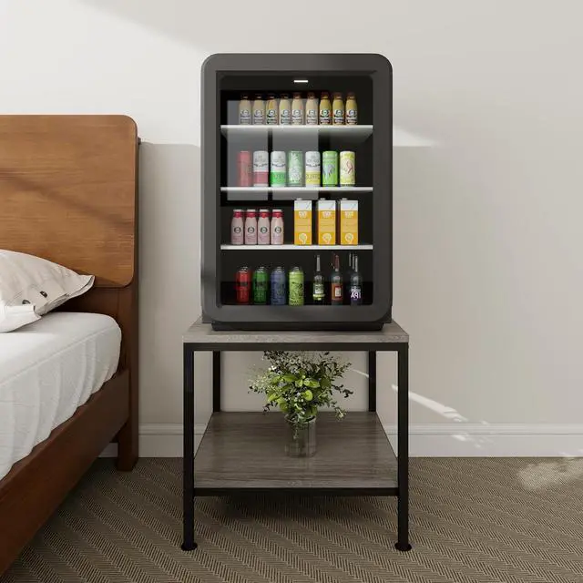 Alt view image 4 of 7 - 20 Inch 2 Tiers Square End Table with Metal Frame, Rustic Grey Fridge Stand Side Table Sturdy Easy Assembly Simple Style for Living Room Bedroom, Slate Grey