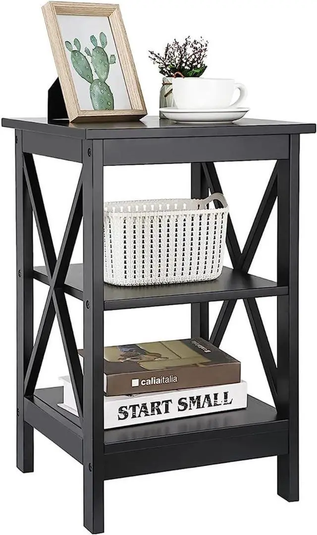 Main image of SUPER DEAL 3-Tier End Table with Storage Shelves Versatile X-Design Wood Sofa Side Table for Living Room Bedroom Apartment Small Spaces, Black