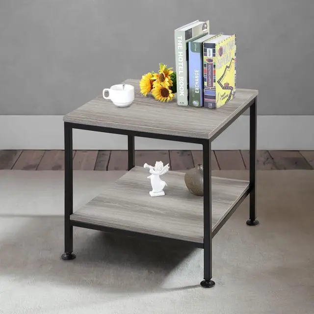 Alt view image 7 of 7 - 20 Inch 2 Tiers Square End Table with Metal Frame, Rustic Grey Fridge Stand Side Table Sturdy Easy Assembly Simple Style for Living Room Bedroom, Slate Grey