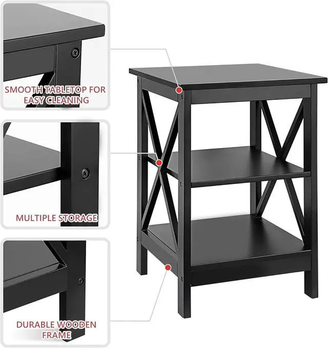 Alt view image 6 of 6 - SUPER DEAL 3-Tier End Table with Storage Shelves Versatile X-Design Wood Sofa Side Table for Living Room Bedroom Apartment Small Spaces, Black