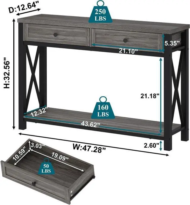 Alt view image 2 of 7 - BON AUGURE Sofa Table with Drawers, Console Tables for Entryway, Sofa Table with Storage, Couch Tables for Living Room, Hallway, Foyer, Entry (Dark Grey Oak, 47 Inch)