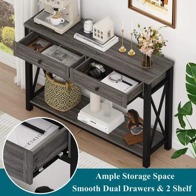 Alt view image 3 of 7 - BON AUGURE Sofa Table with Drawers, Console Tables for Entryway, Sofa Table with Storage, Couch Tables for Living Room, Hallway, Foyer, Entry (Dark Grey Oak, 47 Inch)