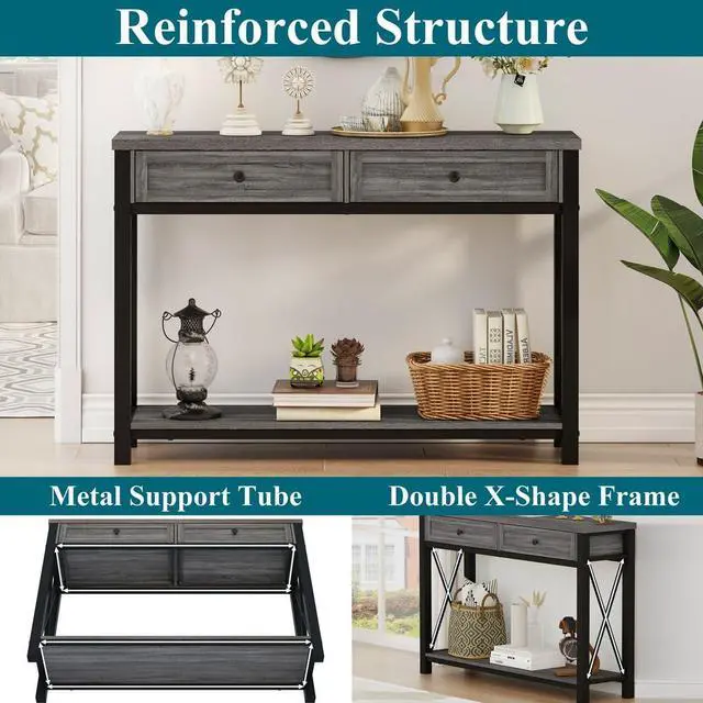 Alt view image 4 of 7 - BON AUGURE Sofa Table with Drawers, Console Tables for Entryway, Sofa Table with Storage, Couch Tables for Living Room, Hallway, Foyer, Entry (Dark Grey Oak, 47 Inch)