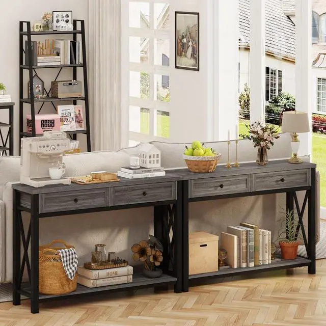 Alt view image 6 of 7 - BON AUGURE Sofa Table with Drawers, Console Tables for Entryway, Sofa Table with Storage, Couch Tables for Living Room, Hallway, Foyer, Entry (Dark Grey Oak, 47 Inch)