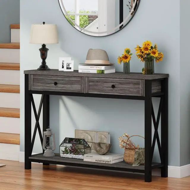 Alt view image 7 of 7 - BON AUGURE Sofa Table with Drawers, Console Tables for Entryway, Sofa Table with Storage, Couch Tables for Living Room, Hallway, Foyer, Entry (Dark Grey Oak, 47 Inch)