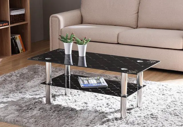 Alt view image 2 of 4 - Hodedah Two Tier Rectangle Tempered Glass Coffee Table, Black