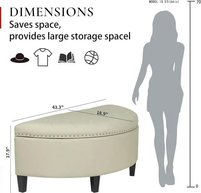 Alt view image 3 of 7 - Joveco Storage Bench PU Leather Half Moon Button Tufted Storage Ottoman with Rivet, Coffee Table for Living Room Bedroom Entryway (Grey)