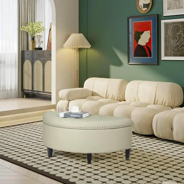 Alt view image 2 of 7 - Joveco Storage Bench PU Leather Half Moon Button Tufted Storage Ottoman with Rivet, Coffee Table for Living Room Bedroom Entryway (Grey)