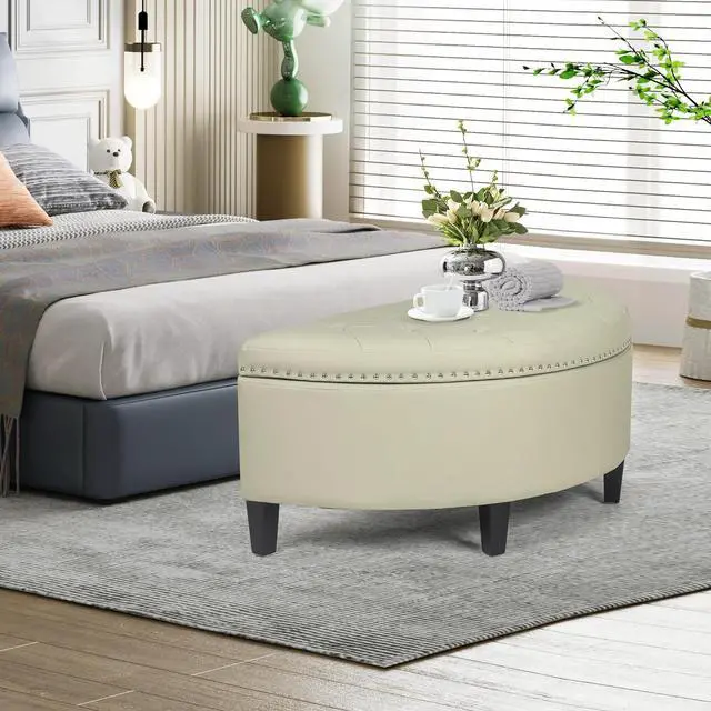Alt view image 5 of 7 - Joveco Storage Bench PU Leather Half Moon Button Tufted Storage Ottoman with Rivet, Coffee Table for Living Room Bedroom Entryway (Grey)