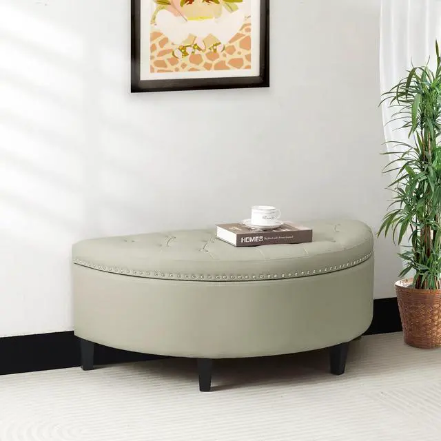 Alt view image 7 of 7 - Joveco Storage Bench PU Leather Half Moon Button Tufted Storage Ottoman with Rivet, Coffee Table for Living Room Bedroom Entryway (Grey)