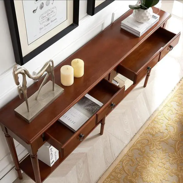 Alt view image 2 of 7 - Leick Home Coastal Solid Wood Console Table with Shelf and Drawers, Rich Pecan Brown, Perfect for Entryways, Hallways, and Living Rooms, 20028-PC