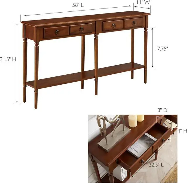 Alt view image 3 of 7 - Leick Home Coastal Solid Wood Console Table with Shelf and Drawers, Rich Pecan Brown, Perfect for Entryways, Hallways, and Living Rooms, 20028-PC