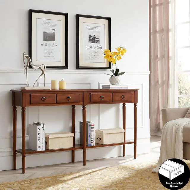 Alt view image 7 of 7 - Leick Home Coastal Solid Wood Console Table with Shelf and Drawers, Rich Pecan Brown, Perfect for Entryways, Hallways, and Living Rooms, 20028-PC