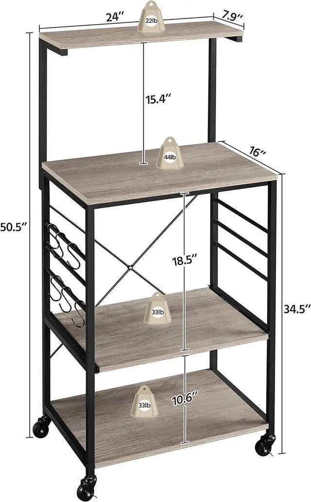 Alt view image 2 of 7 - Yaheetech Kitchen Bakers Rack on Wheels(16D x 24W x 50H Inches), Microwave Stand Kitchen Cart, Rolling Coffee Bar Cart with 6 S-Side Hooks and Adjustable Feet, Utility Storage Shelf, Gray