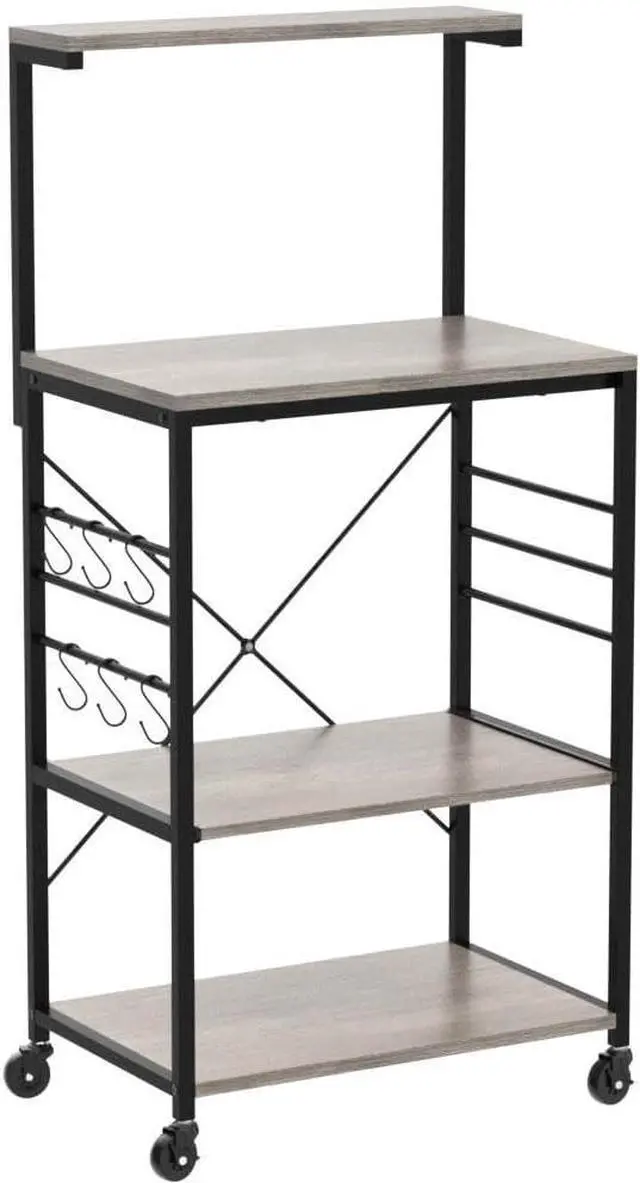 Alt view image 4 of 7 - Yaheetech Kitchen Bakers Rack on Wheels(16D x 24W x 50H Inches), Microwave Stand Kitchen Cart, Rolling Coffee Bar Cart with 6 S-Side Hooks and Adjustable Feet, Utility Storage Shelf, Gray