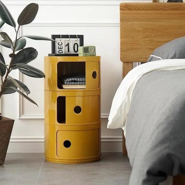 Main image of COZYMATIC 3 Tier Round Nightstand with Storage, Modern Style Side Table, Small Cupboard Cabinet with 3 Drawers for Living Room, Bedroom, Bathroom, Narrow Space, Yellow, Pink (Yellow)