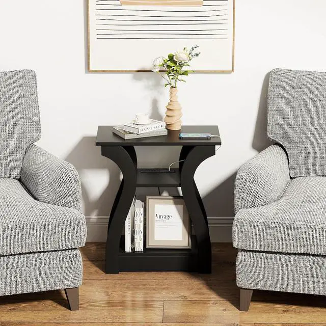 Main image of End Table with Charging Station, Side Table with USB Ports and Outlets, 3 Tier Nightstand Sofa Table for Small Spaces, Beside Table with Storage Shelf for Living Room, Bedroom