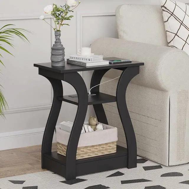 Alt view image 3 of 6 - End Table with Charging Station, Side Table with USB Ports and Outlets, 3 Tier Nightstand Sofa Table for Small Spaces, Beside Table with Storage Shelf for Living Room, Bedroom