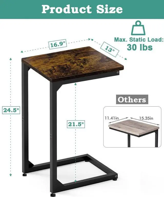 Alt view image 3 of 7 - C Shaped End Table, Side Tables Couch TV Tray Table, Small Snack Table Sofa Table with Metal Frame for Living Room, Bedroom, Bedside for Small Spaces, Rustic Brown Black