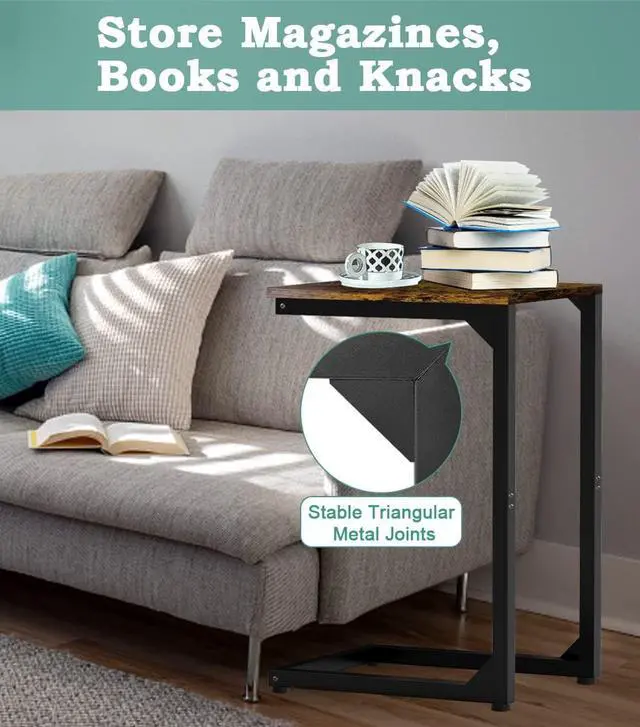 Alt view image 6 of 7 - C Shaped End Table, Side Tables Couch TV Tray Table, Small Snack Table Sofa Table with Metal Frame for Living Room, Bedroom, Bedside for Small Spaces, Rustic Brown Black