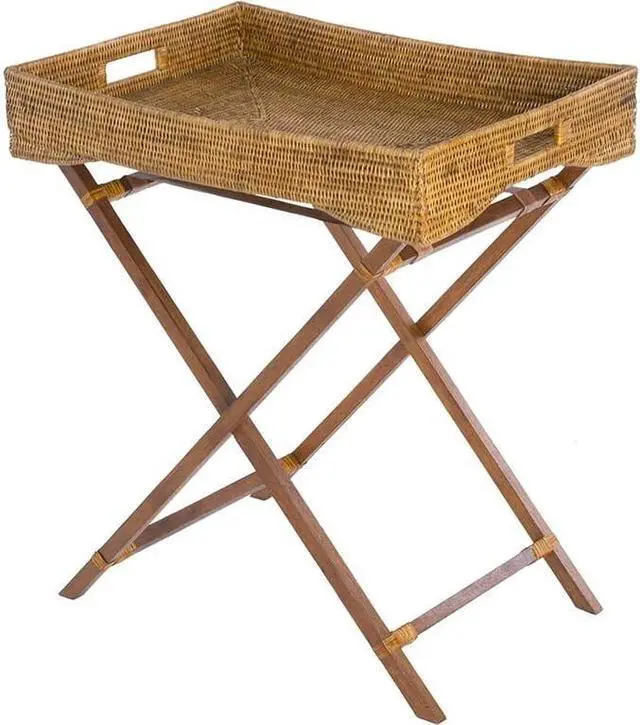 Main image of KOUBOO La Jolla Rattan Butler Tray with Folding Wood Stand, Ottoman, Coffee Table Trays, Serving Food Eating Drink Breakfast Bed Room, Home Decor, Honey Brown