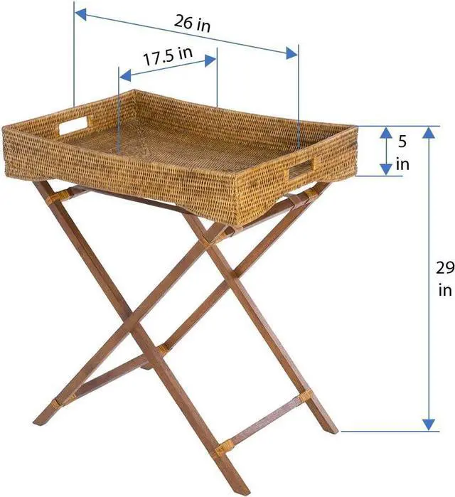 Alt view image 2 of 4 - KOUBOO La Jolla Rattan Butler Tray with Folding Wood Stand, Ottoman, Coffee Table Trays, Serving Food Eating Drink Breakfast Bed Room, Home Decor, Honey Brown