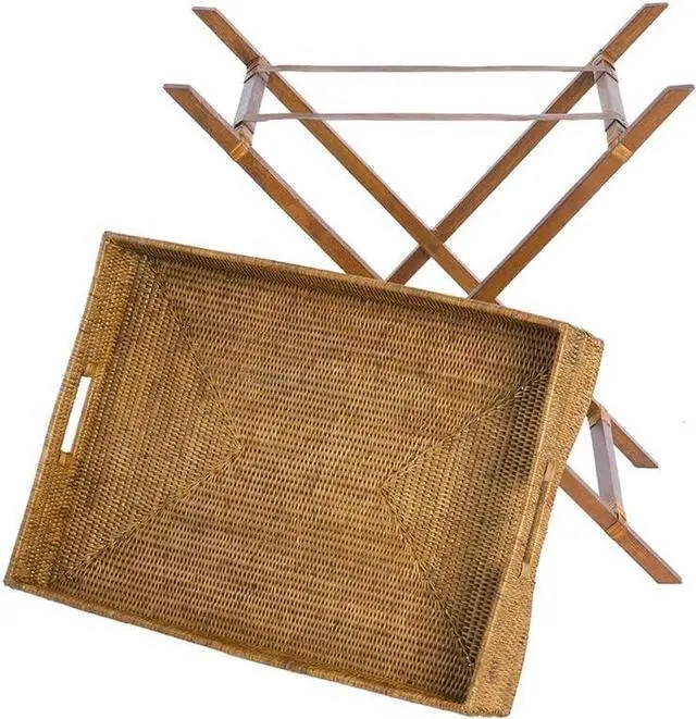 Alt view image 4 of 4 - KOUBOO La Jolla Rattan Butler Tray with Folding Wood Stand, Ottoman, Coffee Table Trays, Serving Food Eating Drink Breakfast Bed Room, Home Decor, Honey Brown