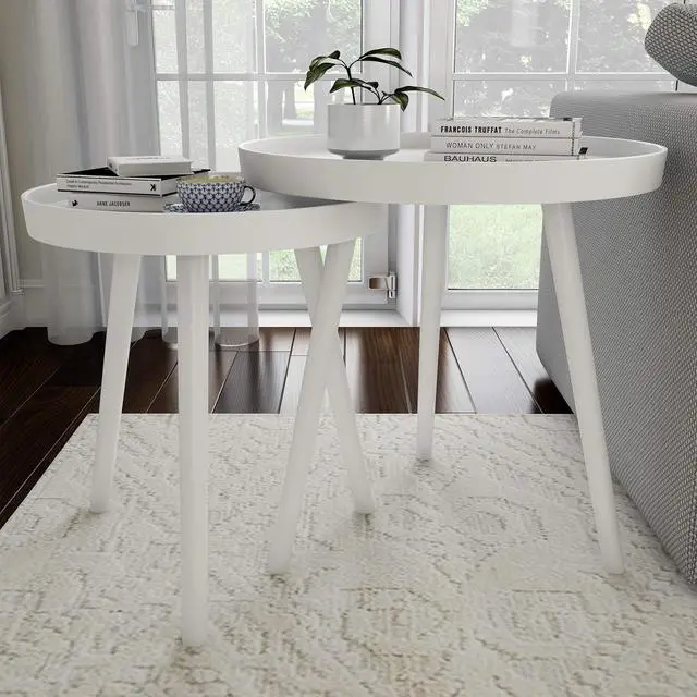 Main image of Nesting Side Tables - Set of 2 Round End Tables for Living Room, Bedroom, or Home Office - Accent Table Set with Tray Tops - Mid-Century Modern Living Room Furniture by Lavish Home (White)