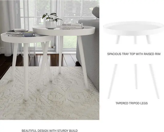Alt view image 2 of 7 - Nesting Side Tables - Set of 2 Round End Tables for Living Room, Bedroom, or Home Office - Accent Table Set with Tray Tops - Mid-Century Modern Living Room Furniture by Lavish Home (White)