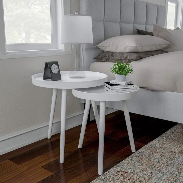 Alt view image 3 of 7 - Nesting Side Tables - Set of 2 Round End Tables for Living Room, Bedroom, or Home Office - Accent Table Set with Tray Tops - Mid-Century Modern Living Room Furniture by Lavish Home (White)