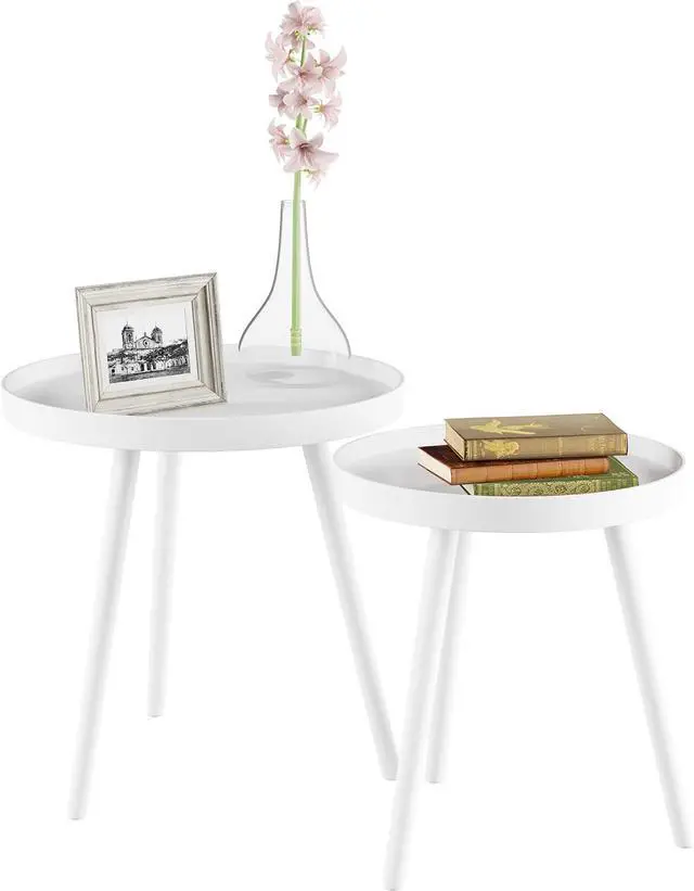 Alt view image 6 of 7 - Nesting Side Tables - Set of 2 Round End Tables for Living Room, Bedroom, or Home Office - Accent Table Set with Tray Tops - Mid-Century Modern Living Room Furniture by Lavish Home (White)