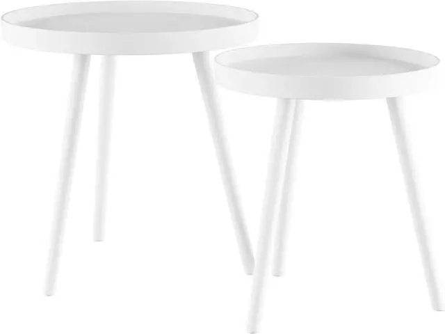 Alt view image 7 of 7 - Nesting Side Tables - Set of 2 Round End Tables for Living Room, Bedroom, or Home Office - Accent Table Set with Tray Tops - Mid-Century Modern Living Room Furniture by Lavish Home (White)