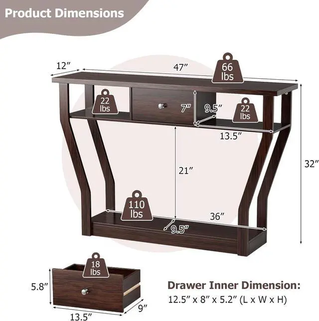 Alt view image 2 of 7 - 47'' Narrow Console Table with Drawer, 3-Tier Wooden Entryway Accent with Open Shelves, Multi-Purpose Sofa Table for Living Room Hallway - Easy Assembly & Storage (Coffee)
