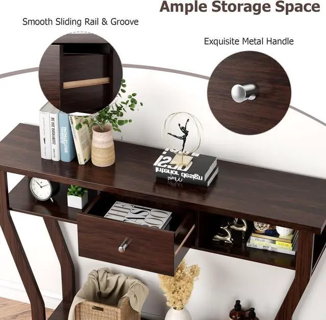 Alt view image 5 of 7 - 47'' Narrow Console Table with Drawer, 3-Tier Wooden Entryway Accent with Open Shelves, Multi-Purpose Sofa Table for Living Room Hallway - Easy Assembly & Storage (Coffee)