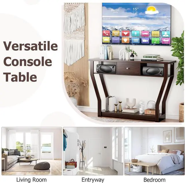 Alt view image 4 of 7 - 47'' Narrow Console Table with Drawer, 3-Tier Wooden Entryway Accent with Open Shelves, Multi-Purpose Sofa Table for Living Room Hallway - Easy Assembly & Storage (Coffee)