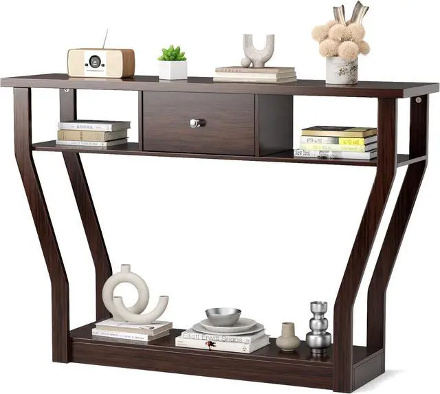 Alt view image 7 of 7 - 47'' Narrow Console Table with Drawer, 3-Tier Wooden Entryway Accent with Open Shelves, Multi-Purpose Sofa Table for Living Room Hallway - Easy Assembly & Storage (Coffee)