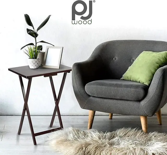 Alt view image 2 of 7 - PJ Wood 2-Pack Folding TV Tray Table Set, Solid Wood for Eating & Laptop Use, Espresso