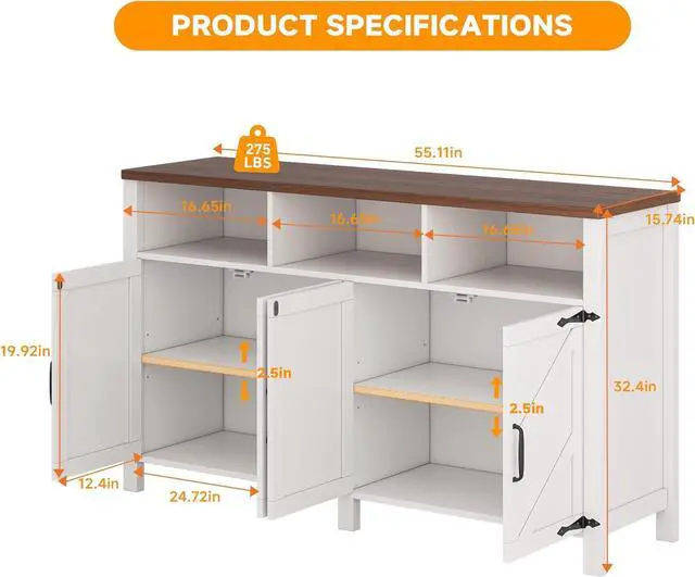 Alt view image 2 of 7 - Buffet Sideboard with Storage Farmhouse with 4 Doors, 55'' Large Kitchen Storage Cabinet Wood Coffee Bar Cabinet Buffet Table with Shelves for Kitchen, Dining Room, Entryway