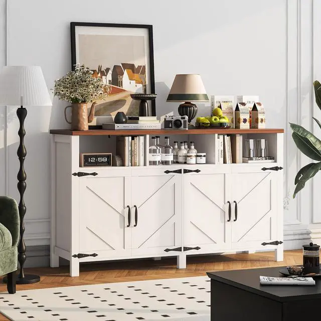 Alt view image 3 of 7 - Buffet Sideboard with Storage Farmhouse with 4 Doors, 55'' Large Kitchen Storage Cabinet Wood Coffee Bar Cabinet Buffet Table with Shelves for Kitchen, Dining Room, Entryway