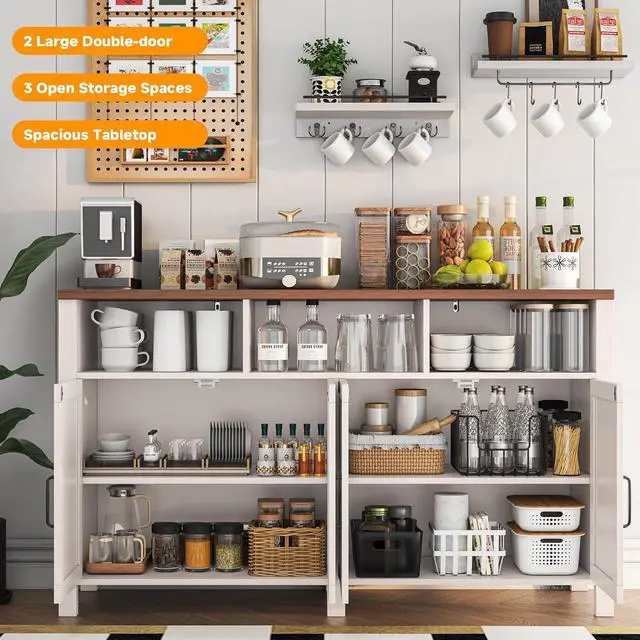 Alt view image 4 of 7 - Buffet Sideboard with Storage Farmhouse with 4 Doors, 55'' Large Kitchen Storage Cabinet Wood Coffee Bar Cabinet Buffet Table with Shelves for Kitchen, Dining Room, Entryway