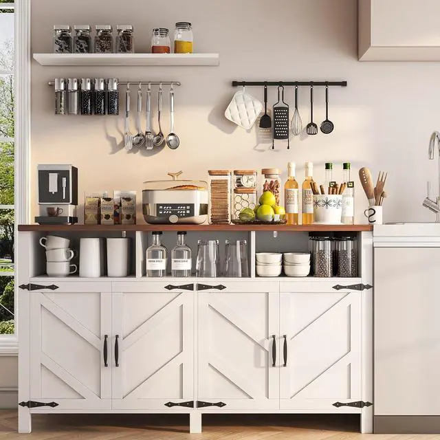 Alt view image 5 of 7 - Buffet Sideboard with Storage Farmhouse with 4 Doors, 55'' Large Kitchen Storage Cabinet Wood Coffee Bar Cabinet Buffet Table with Shelves for Kitchen, Dining Room, Entryway