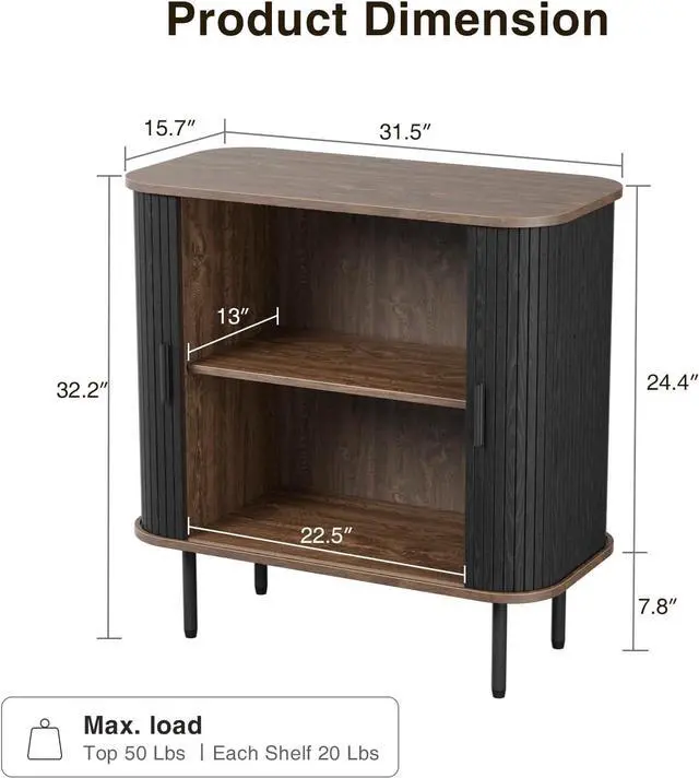 Alt view image 2 of 7 - 31''W Black Buffet Sideboard Cabinet with Storage, Fluted Accent Storage Cabinet Black with Curvy Edge; Sliding Door Coffee Bar, Credenza Console Table for Living, Kitchen, Hallway