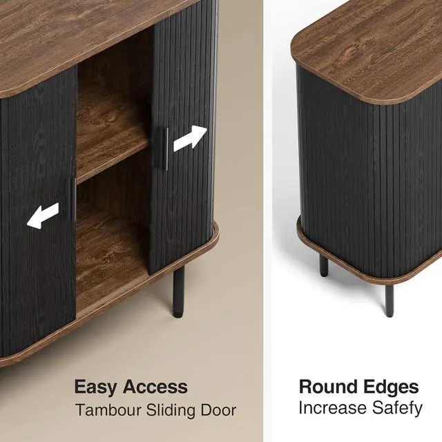 Alt view image 4 of 7 - 31''W Black Buffet Sideboard Cabinet with Storage, Fluted Accent Storage Cabinet Black with Curvy Edge; Sliding Door Coffee Bar, Credenza Console Table for Living, Kitchen, Hallway