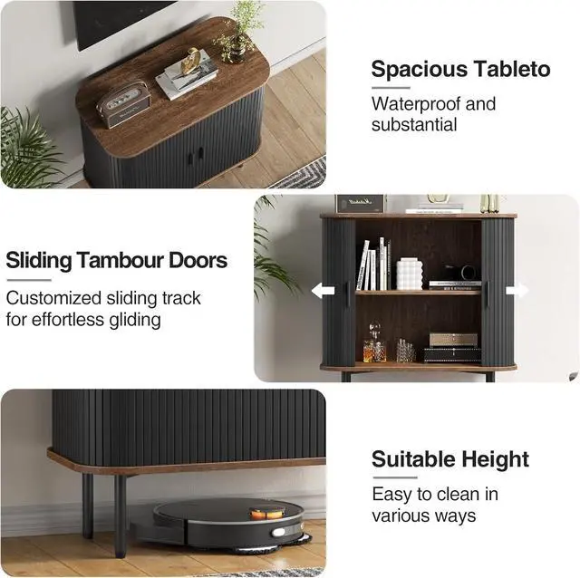 Alt view image 7 of 7 - 31''W Black Buffet Sideboard Cabinet with Storage, Fluted Accent Storage Cabinet Black with Curvy Edge; Sliding Door Coffee Bar, Credenza Console Table for Living, Kitchen, Hallway